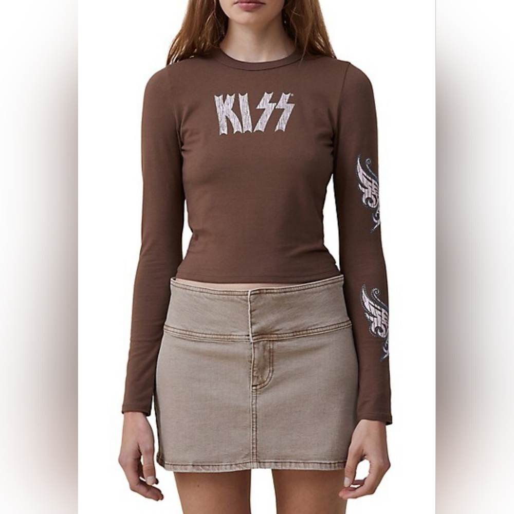 Cotton On KISS Butterfly Rhinestones Brown Fitted Longsleeve Crop Top Size Small